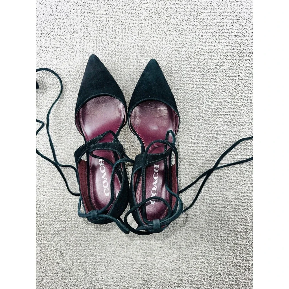 Coach‎ Pumps Women 7.5 Black Shae Lux Suede Lace Up Tassel Luxury Academia Goth